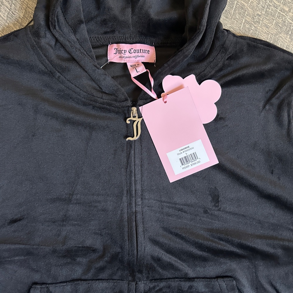JUICY COUTURE BLACK LIQUORICE OG BLING RHINESTONE VELOUR TRACKSUIT *HOODIE* NWT - Picture 10 of 15